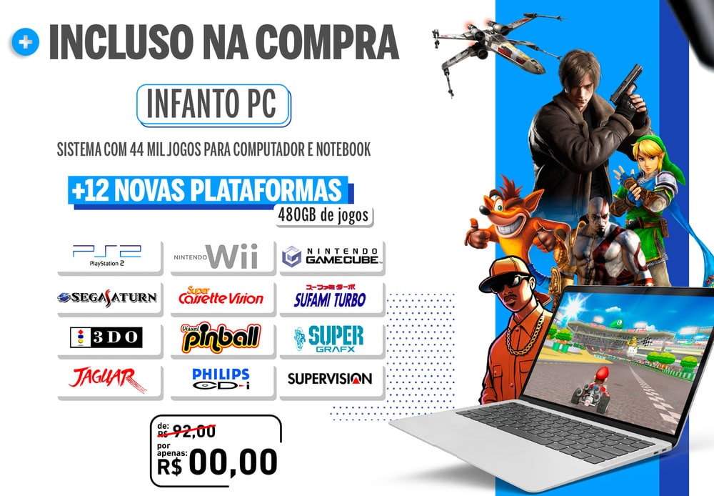 Infanto 4 - Video Game Retrô com 44 mil jogos antigos (2 controles com fio)  - Infanto Games